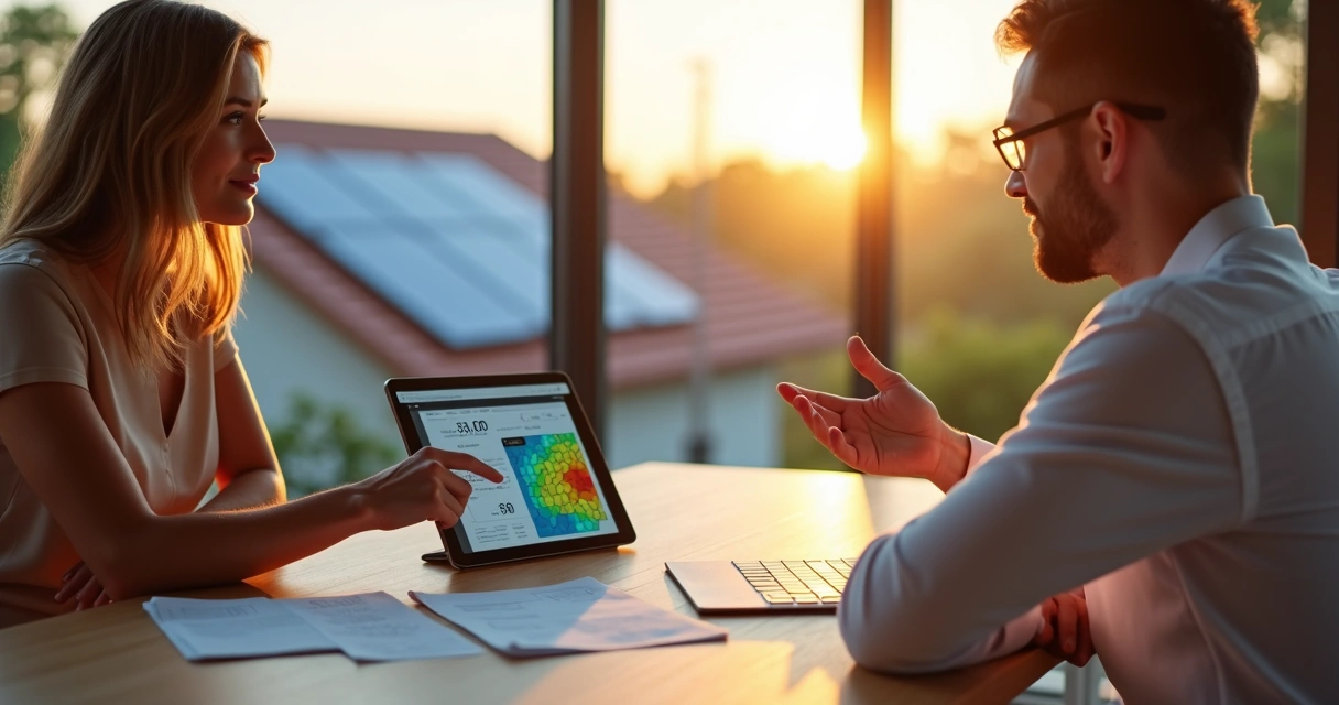 Consultor de energia solar conversando com cliente em casa analisando conta de luz 