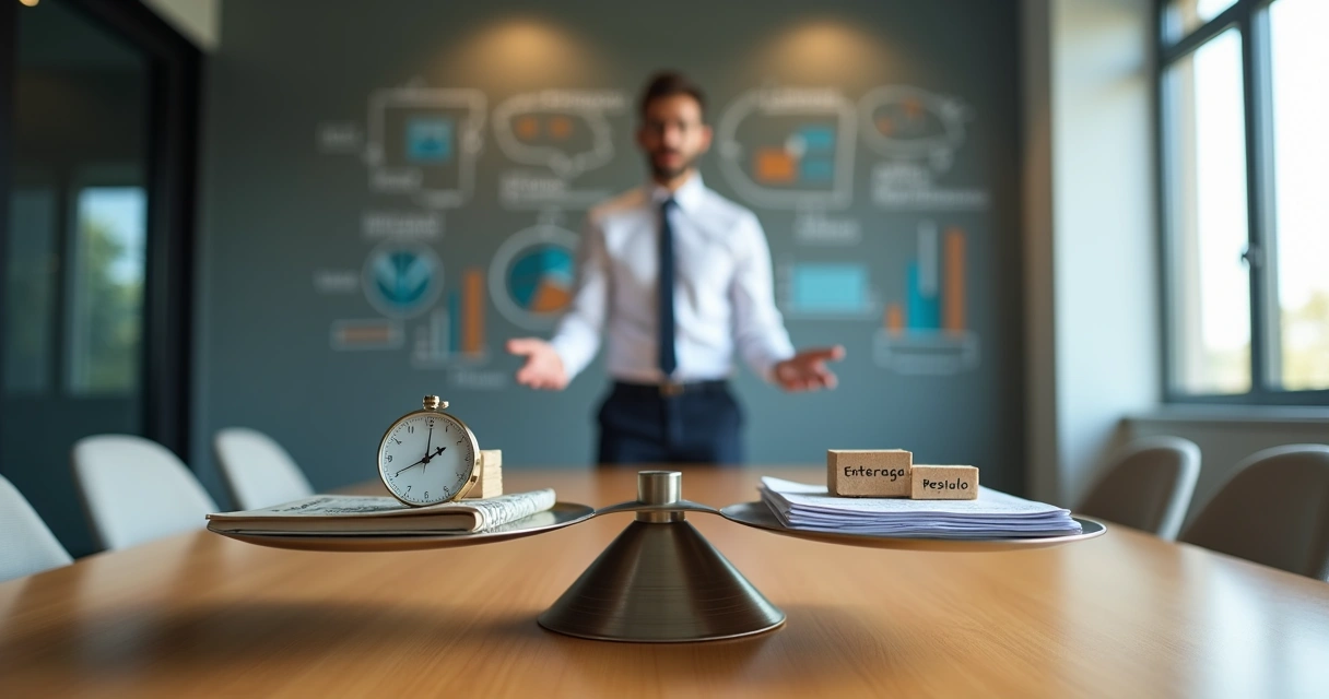 Consultor de PME equilibrando modelos de precificação em balança em sala de reunião 