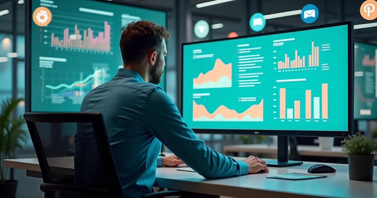 Consultor de tráfego analisando gráficos de campanhas digitais no computador