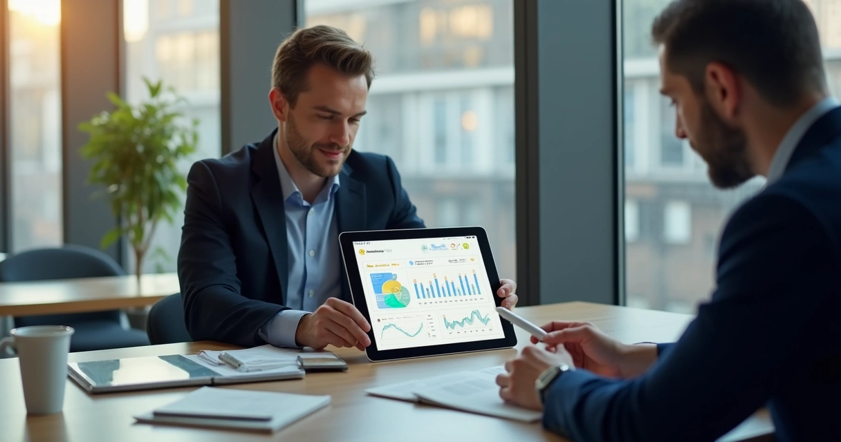 Planejador financeiro mostra no tablet painel de integração open finance para cliente sentado ao lado