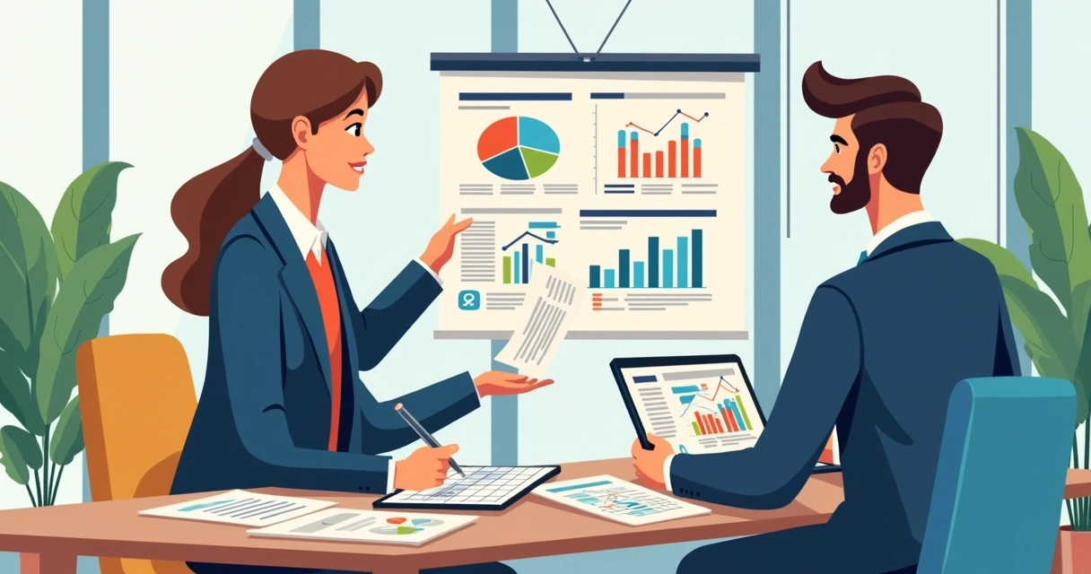 Consultor financeiro analisando gráficos com empresário à mesa 