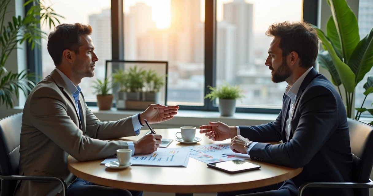 Consultor financeiro sentado ao lado de cliente em reunião revisando papéis e gráficos de investimentos 