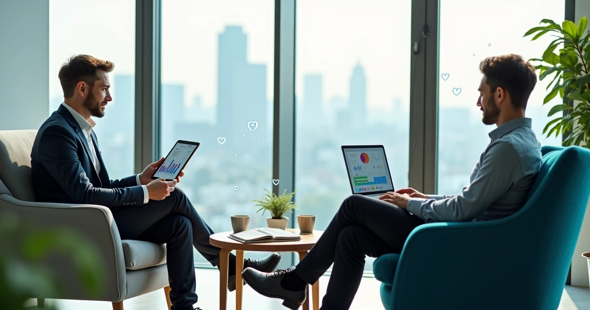 Consultor financeiro conversa com cliente em ambiente moderno, mostrando gráficos em tablet 