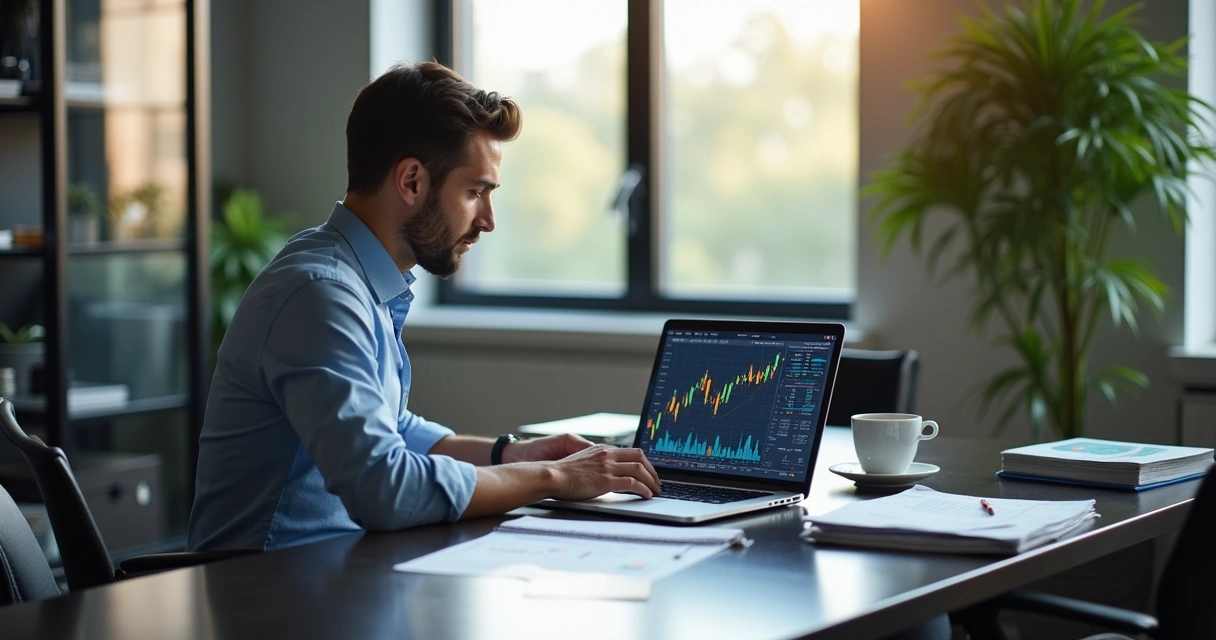 Consultor financeiro trabalhando em escritório moderno com laptop e gráficos financeiros na tela 