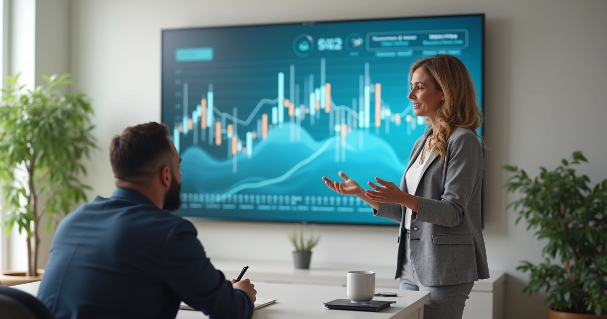 Consultora financeira explicando estratégias para pequeno empresário 