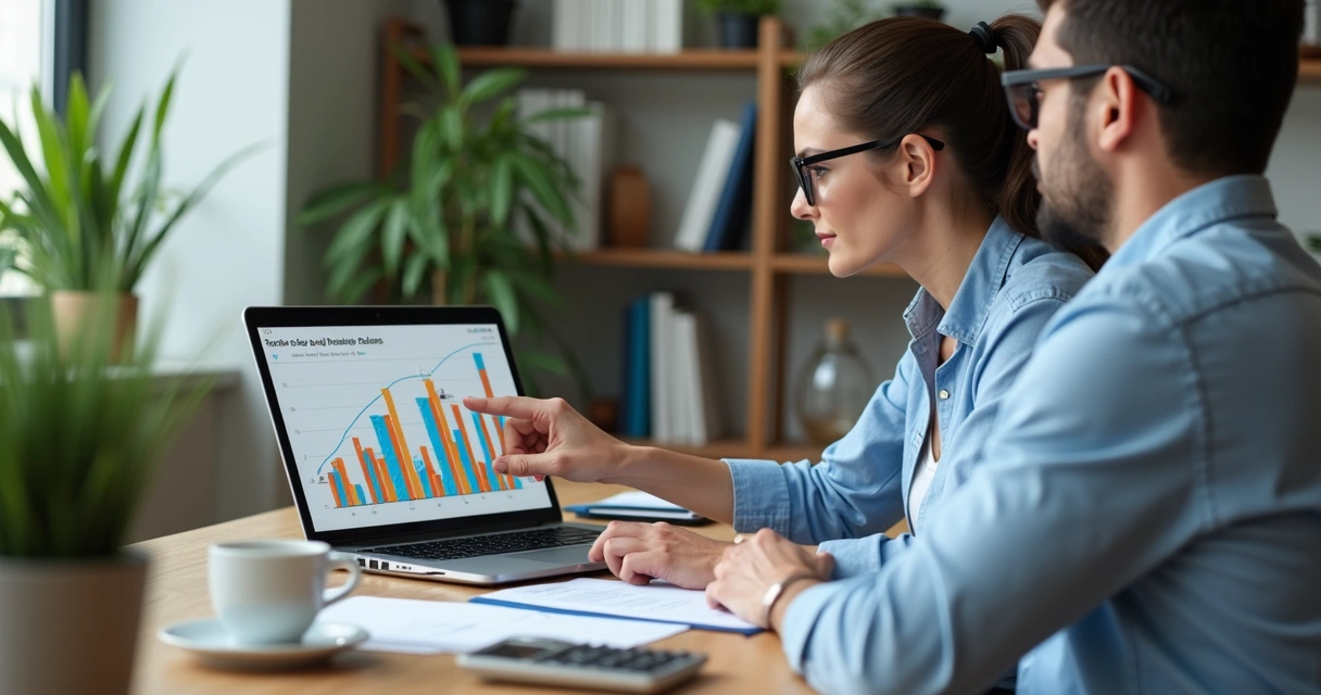 Consultor financeiro apresentando estratégia de vendas para empresário em escritório moderno 