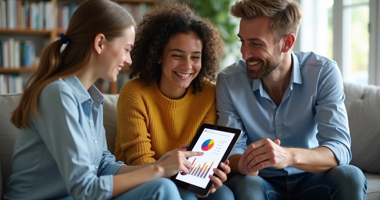 Consultor financeiro mostrando gráficos para família sorridente 