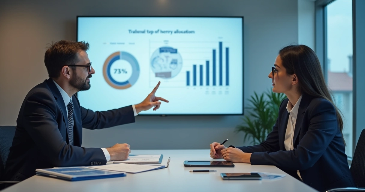 Consultor financeiro apresentando estratégia de alocação ao investidor 