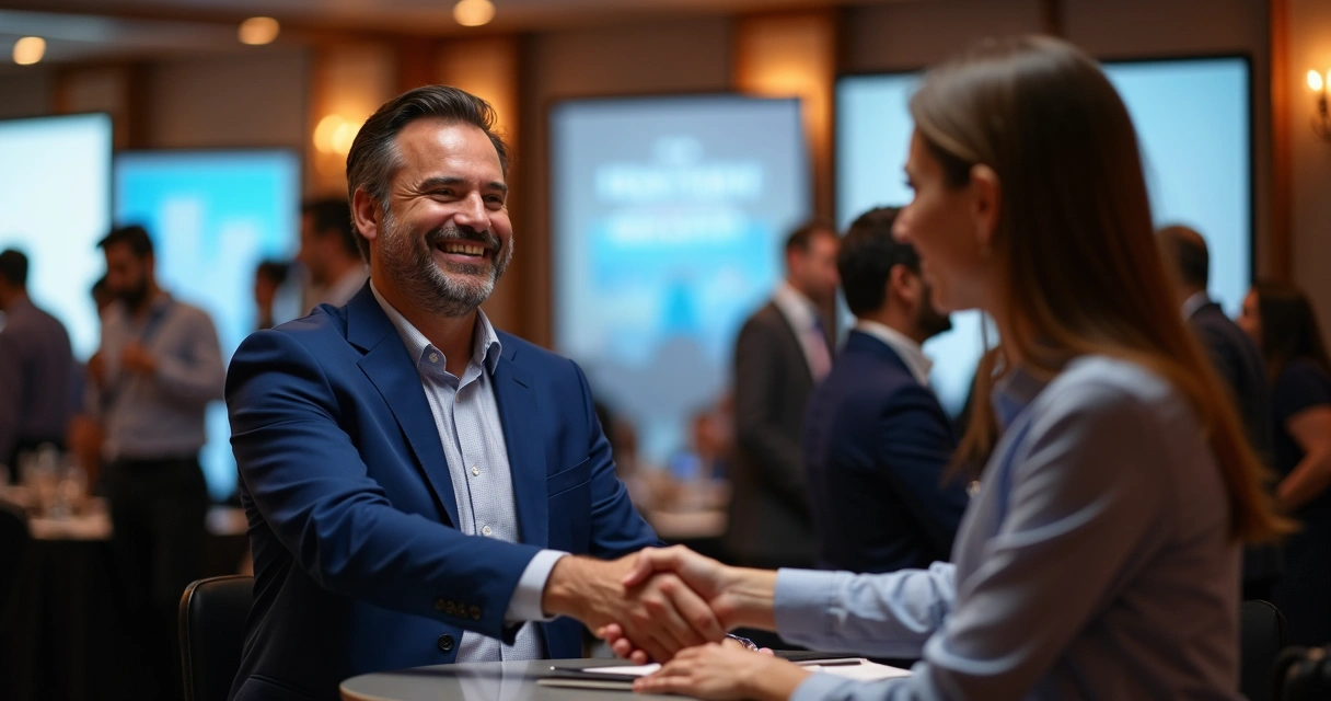 Consultor financeiro cumprimentando pessoas em evento de networking 
