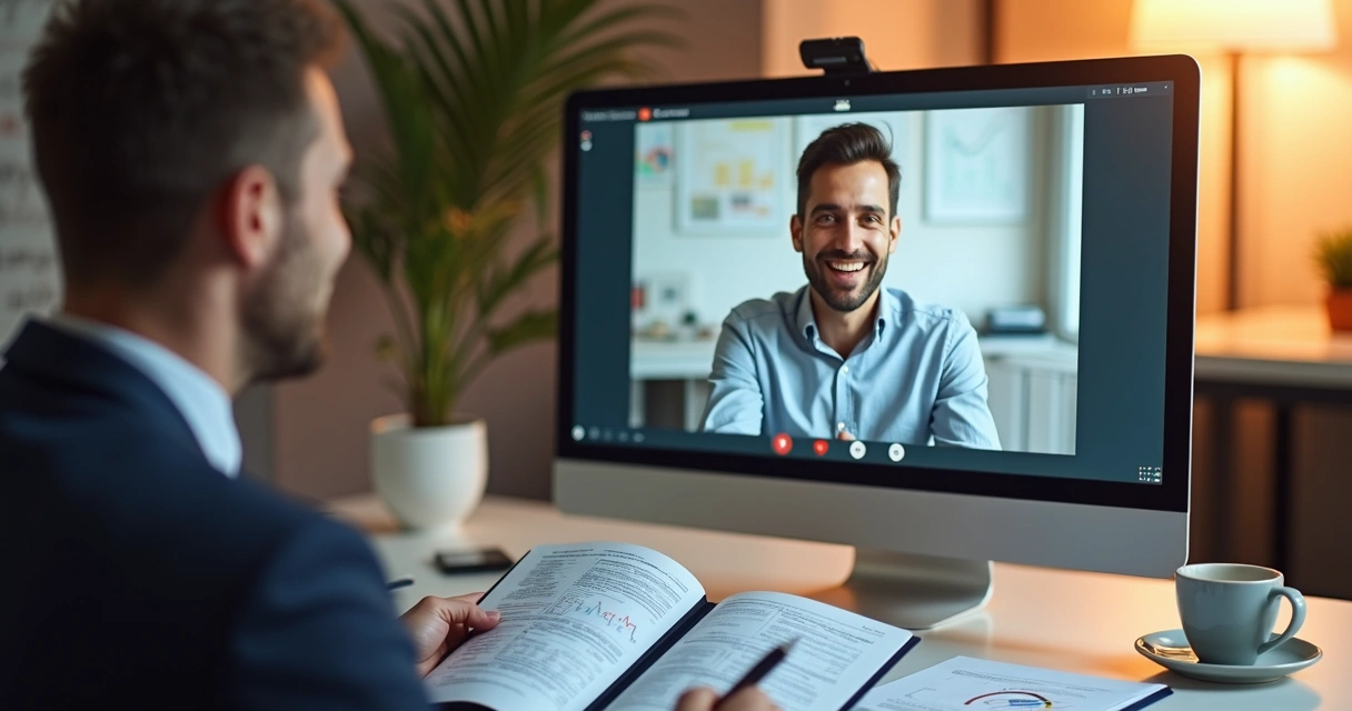 Consultor financeiro online conversando com cliente em ambiente moderno 