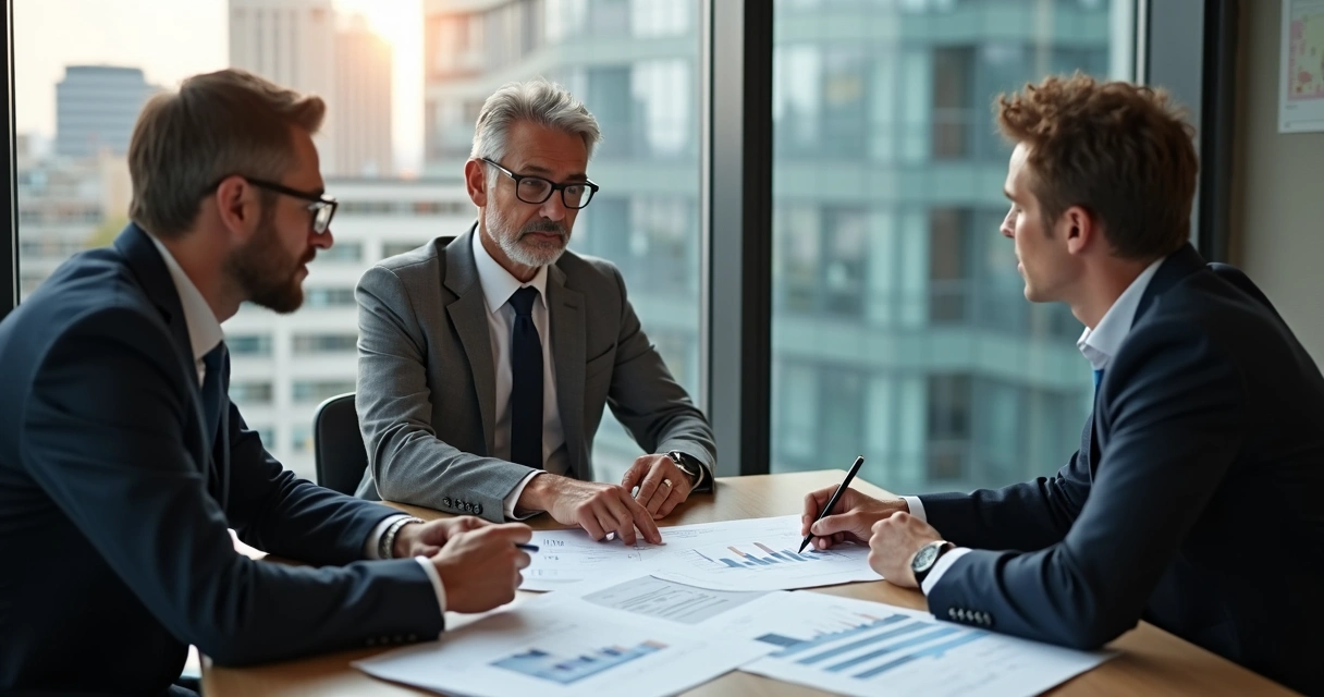 Profissional de consultoria financeira em reunião com empresários 