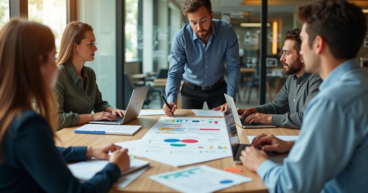 Consultor financeiro mostrando plano estratégico em mesa com pequenos empresários 