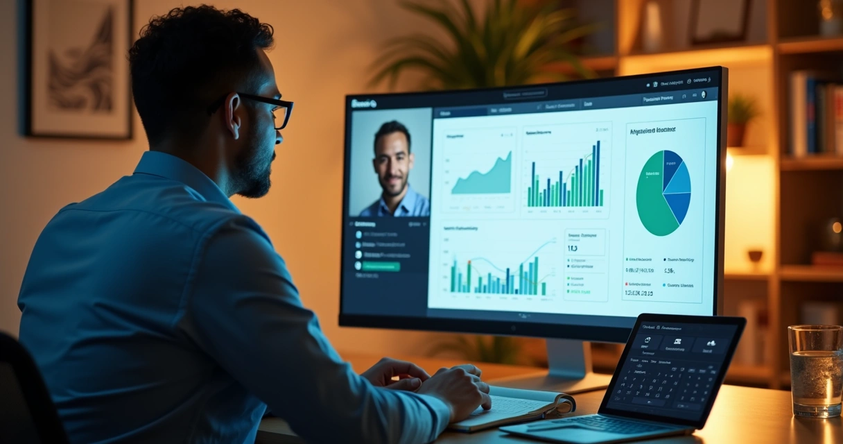 Consultor financeiro atendendo cliente pessoa física em reunião online com gráficos ao fundo 