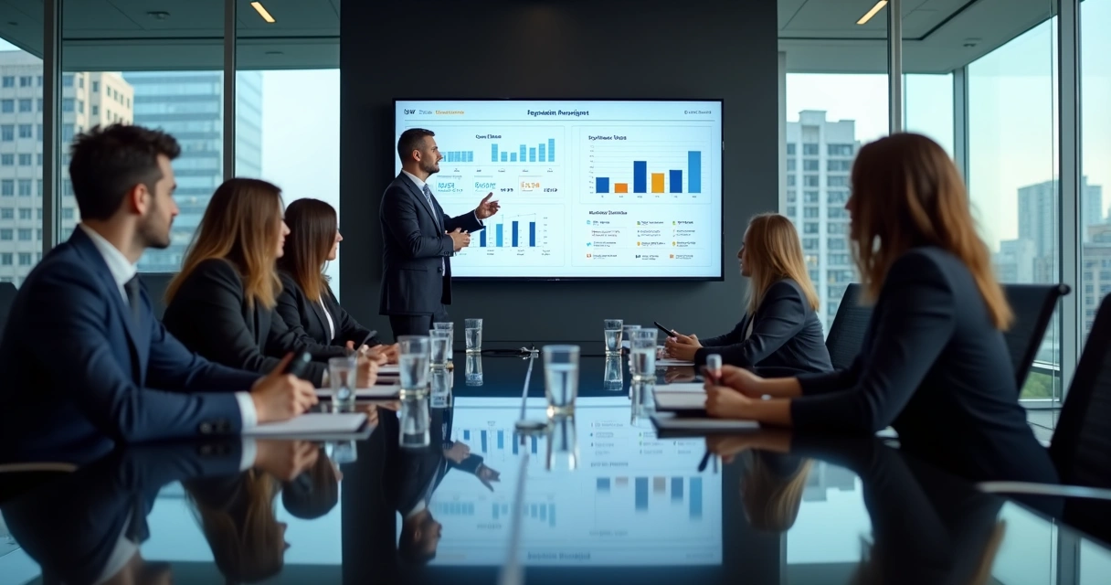 Consultor fiscal apresentando relatório digital em reunião 