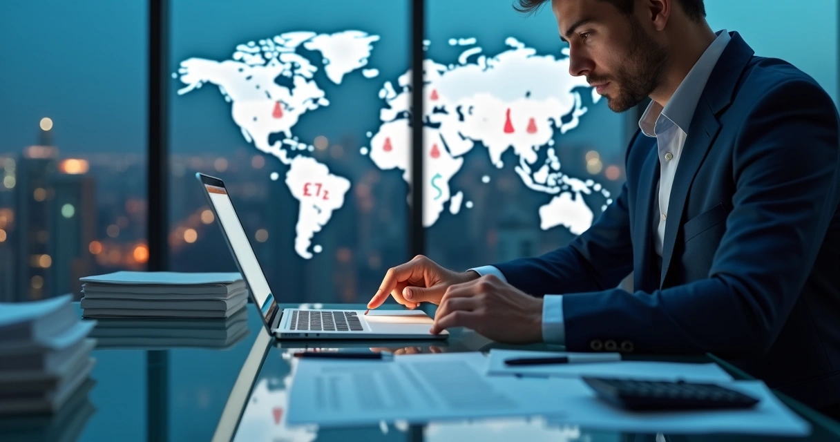 Consultor tributário analisa documentos de transações internacionais na frente de mapa-múndi digital 