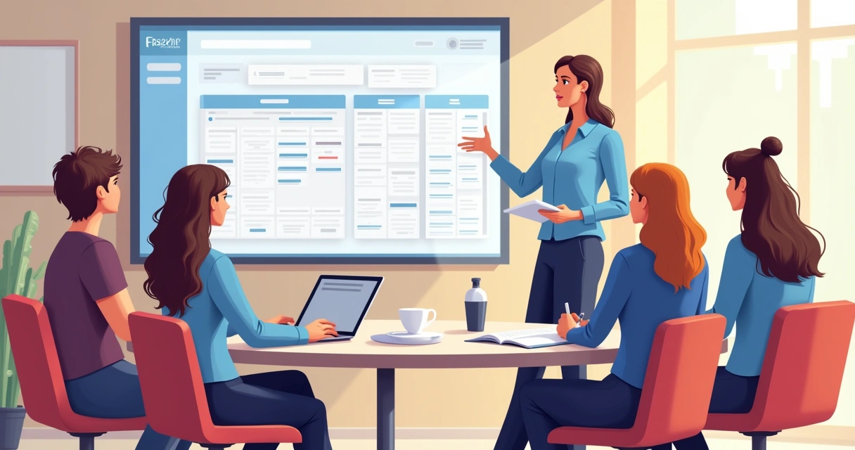 Consultor orientando equipe de salão sobre agendamento online na tela 