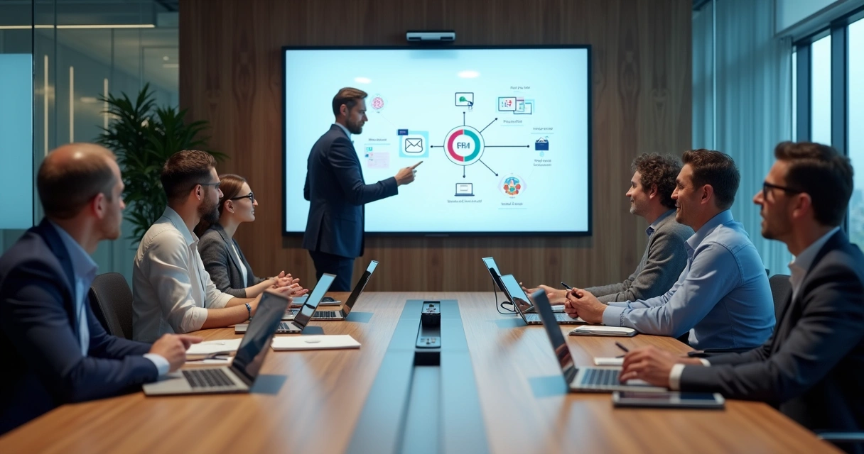 Equipe de negócios em reunião com consultor de IA analisando processos na empresa 