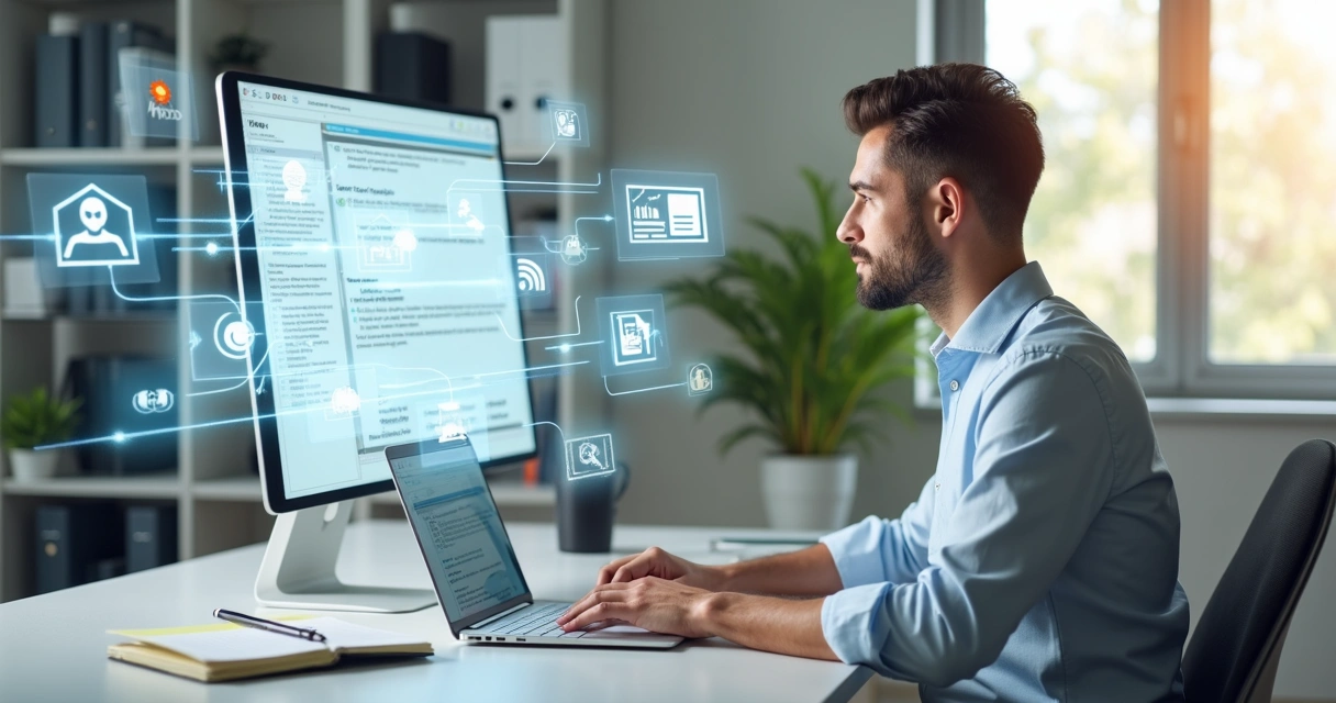Consultor define prompts ISO 9001 em laptop com fluxos de processos ao redor 