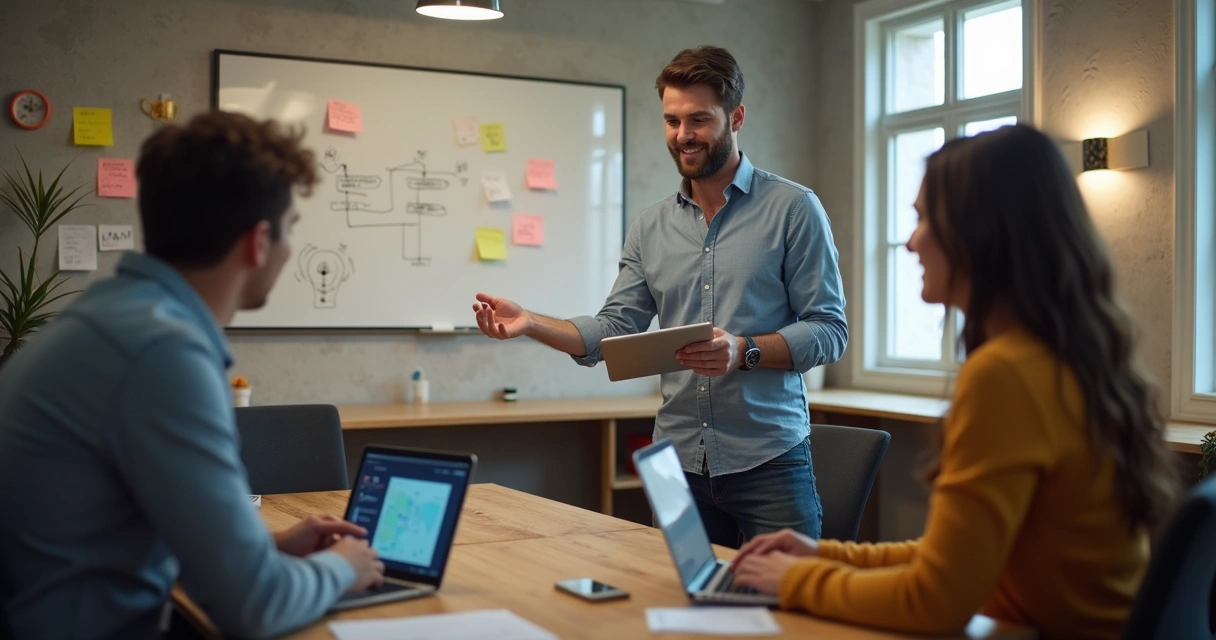 Consultor digital explicando IA para dois empresários em uma sala pequena 