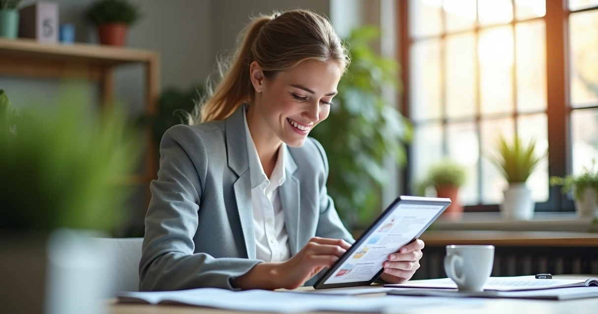 Consultor imobiliário jovem analisando lista de imóveis em tablet 