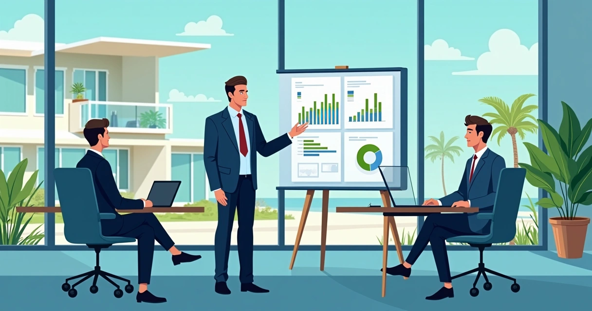 Real estate consultant presenting graphs to two investors next to a modern property 