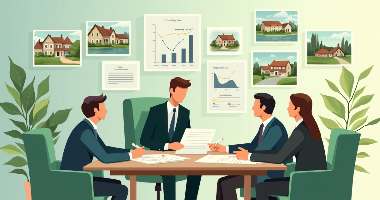 Real estate consultant analyzing financing contracts alongside foreign clients 