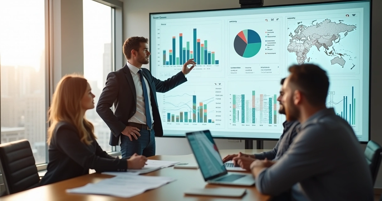 Consultor de imóvel orienta casal em reunião com gráficos e planta de imóvel na mesa 