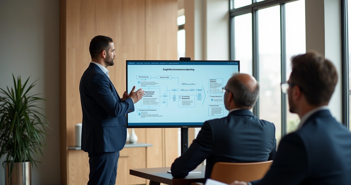 Consultor financeiro explicando estrutura sucessória a clientes em escritório de luxo 