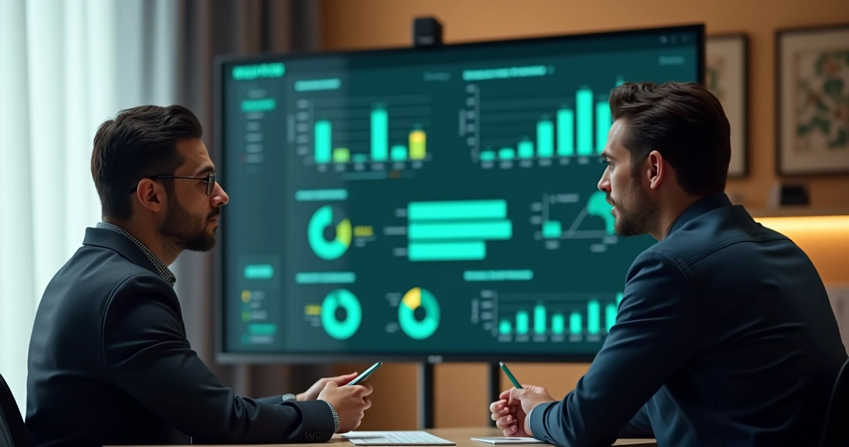 Consultor independente orientando cliente com gráficos digitais 