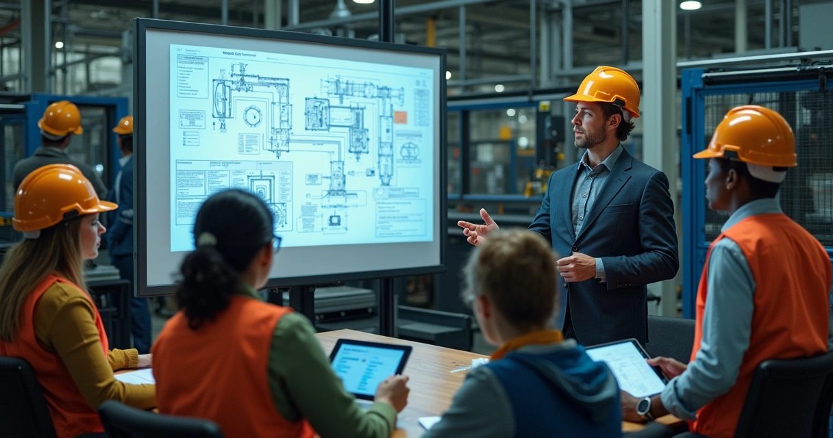 Consultor industrial externo orientando equipe da fábrica 