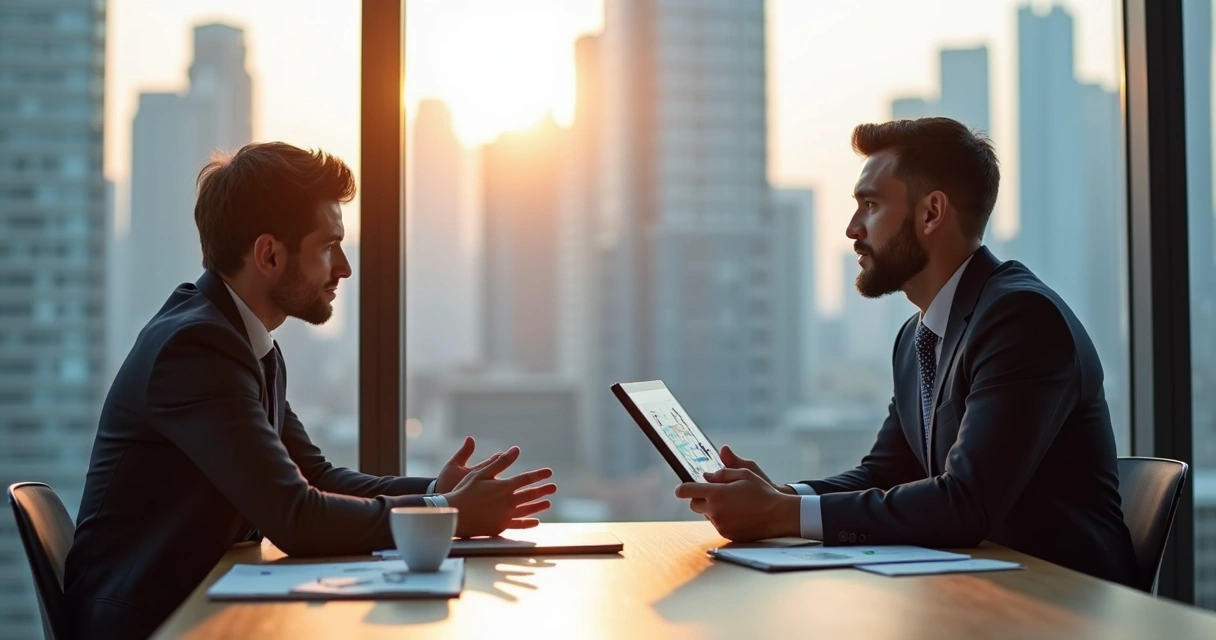 Consultor discutindo IA com empresário em sala de reunião moderna 