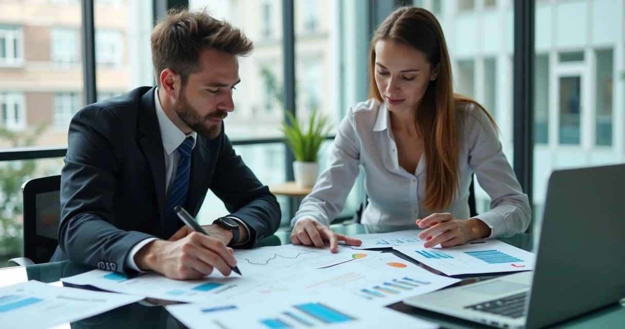 Consultor analisando gráficos financeiros com gestor em escritório empresarial. 