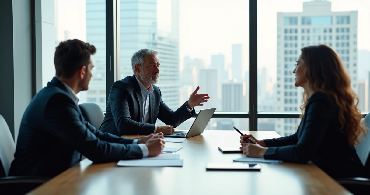 Consultor maduro em reunião apresentando proposta de valor