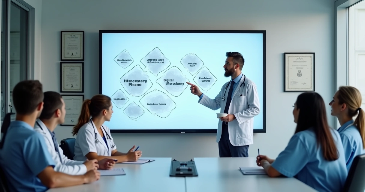 Consultor de marketing apresentando estratégias digitais para equipe médica em uma clínica 