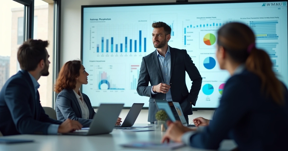 Consultor de marketing digital reunido com contadores em ambiente de escritório moderno