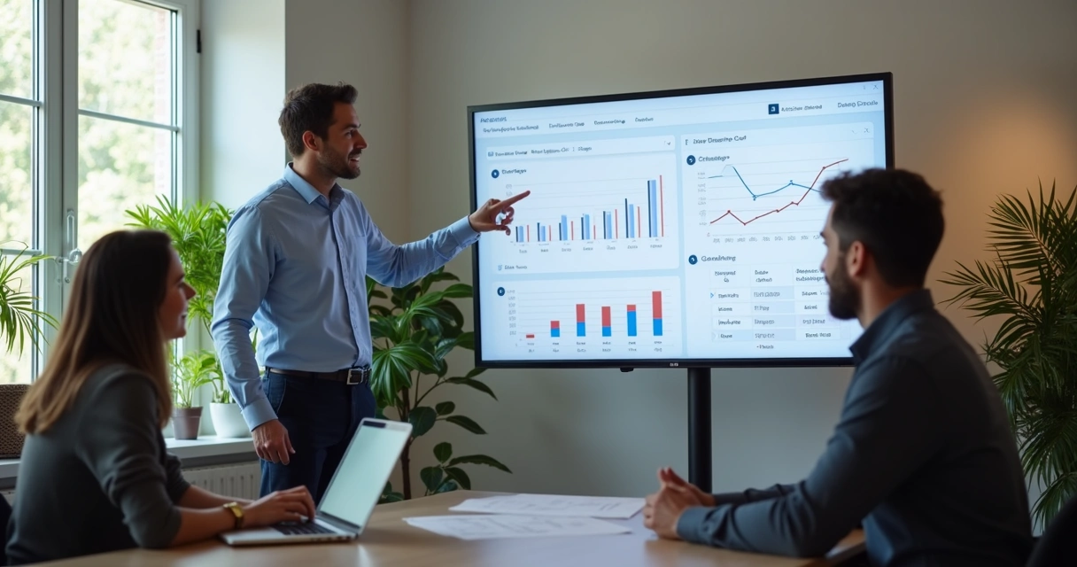 Consultor apresentando resultados de campanha digital em tela grande para dois clientes 