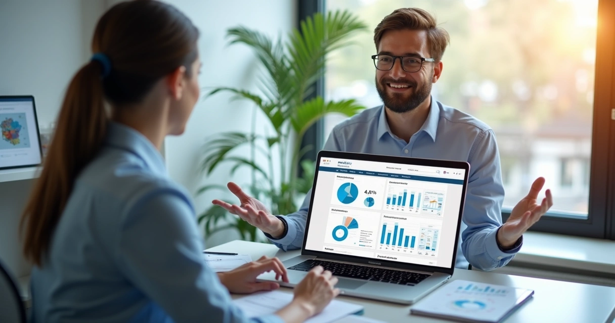 Consultor de marketing digital explicando estratégias de anúncios para implante dentário em ambiente moderno e profissional com laptop e gráficos digitais na tela 