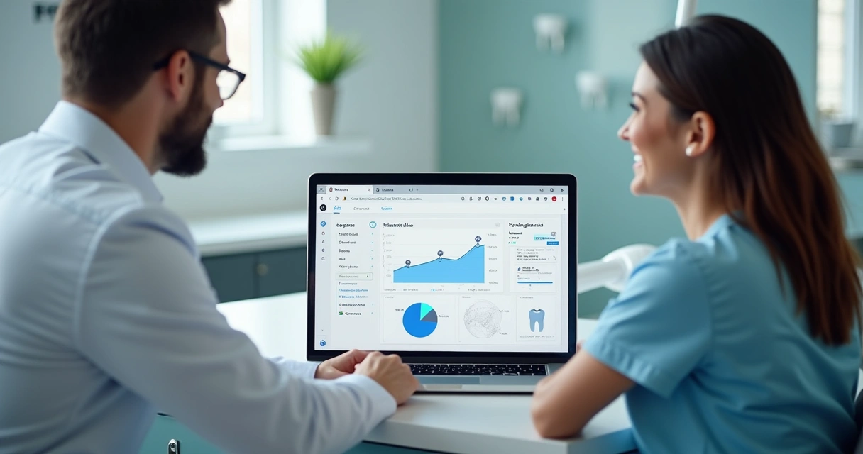 Consultor de marketing odontológico mostrando campanha de anúncios segmentada no notebook 