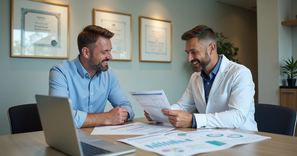 Consultor de marketing e dentista discutindo estratégias em reunião presencial