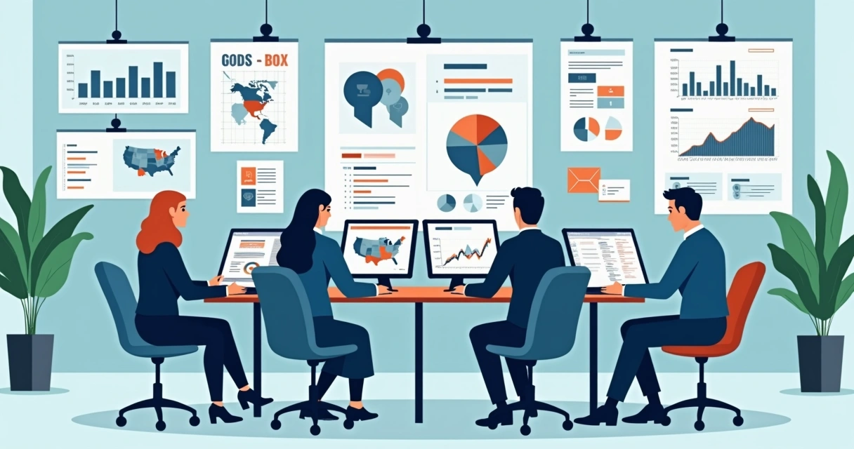 Equipe de marketing político reunida ao redor de uma mesa analisando dados e gráficos digitais 