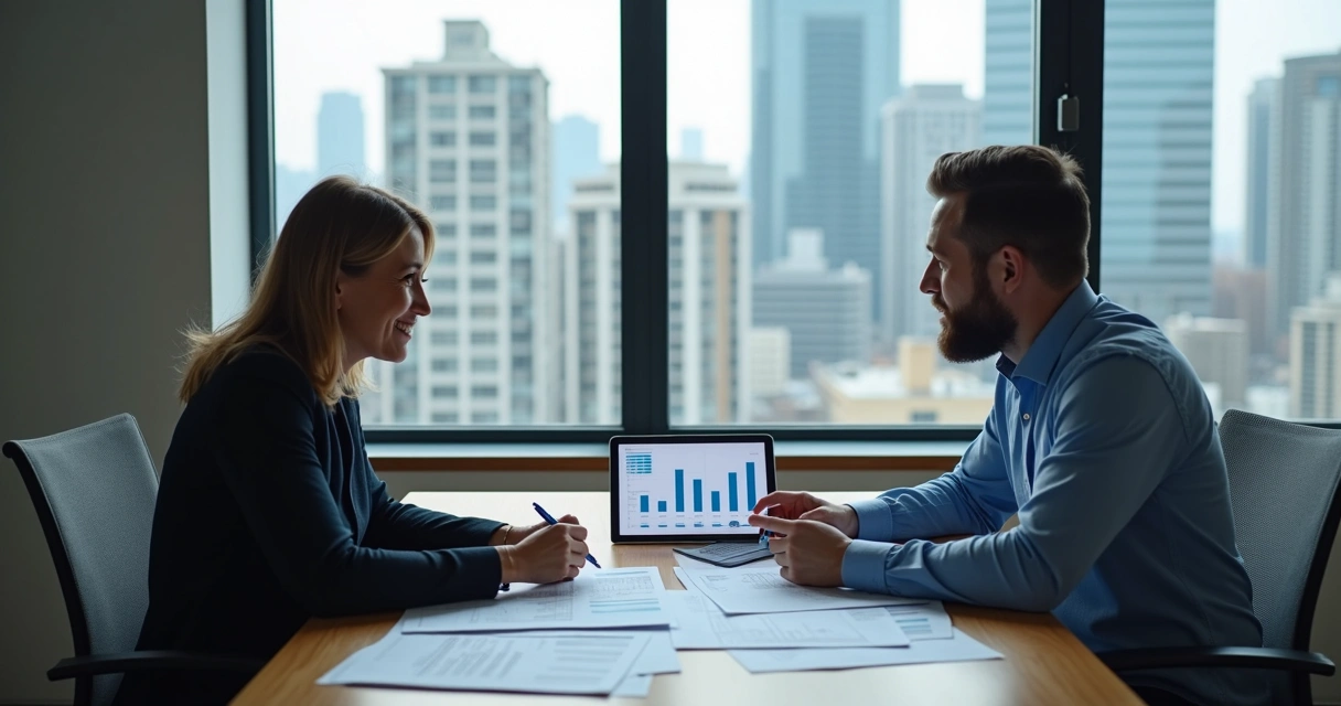 Consultor imobiliário analisando documentos com cliente em mesa de reunião 