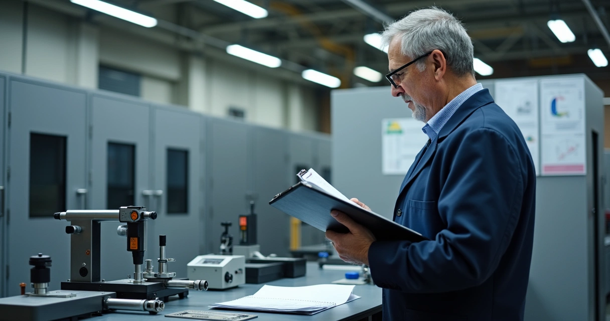 Consultor examinando equipamentos de medição em laboratório