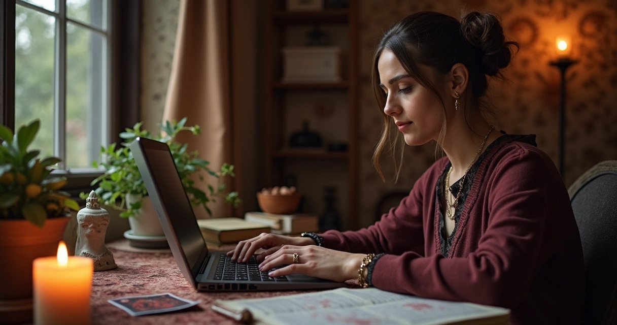 Consultor espiritual atendendo pelo computador com cartas e vela acesa ao lado.