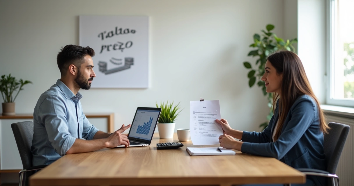 Consultor e cliente negociando honorários em mesa com contratos e calculadora 