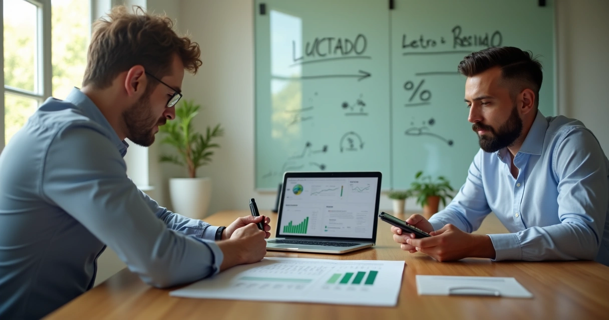 Consultor e dona de PME negociando contrato baseado em resultado em mesa de reuniao 