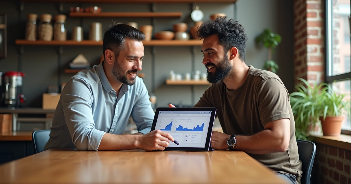 Consultor digital conversando com comerciante local mostrando tela com estratégia de anúncio 