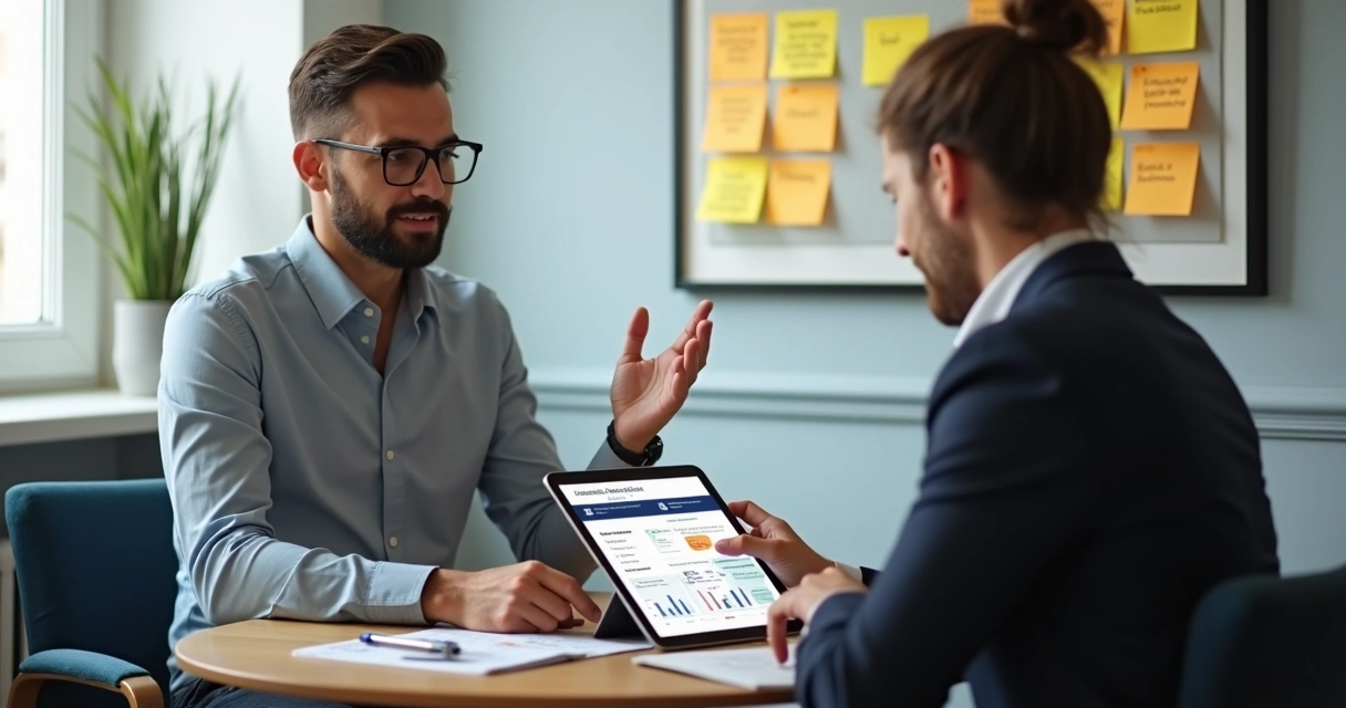 Consultor orientando microempresário sobre finanças 