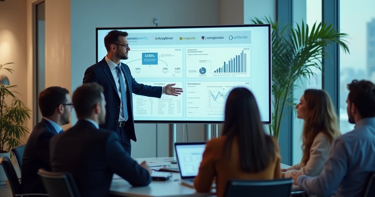 Consultor mostrando portfólio em apresentação para empresário 