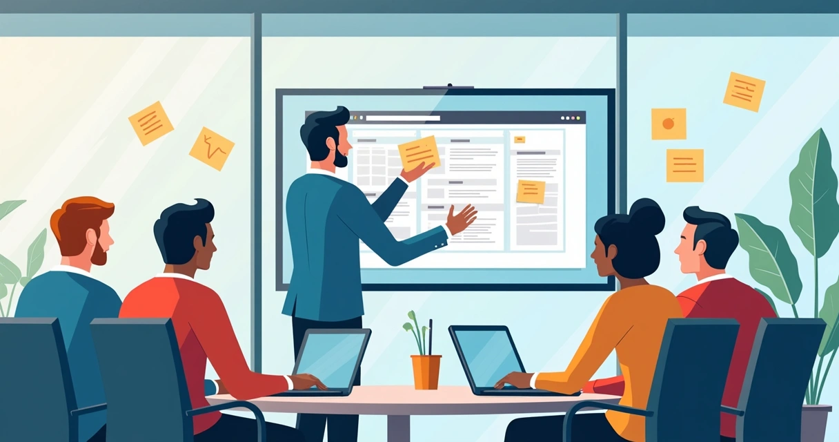 Consultor apresenta painel do Notion personalizado para equipe empresarial reunida 