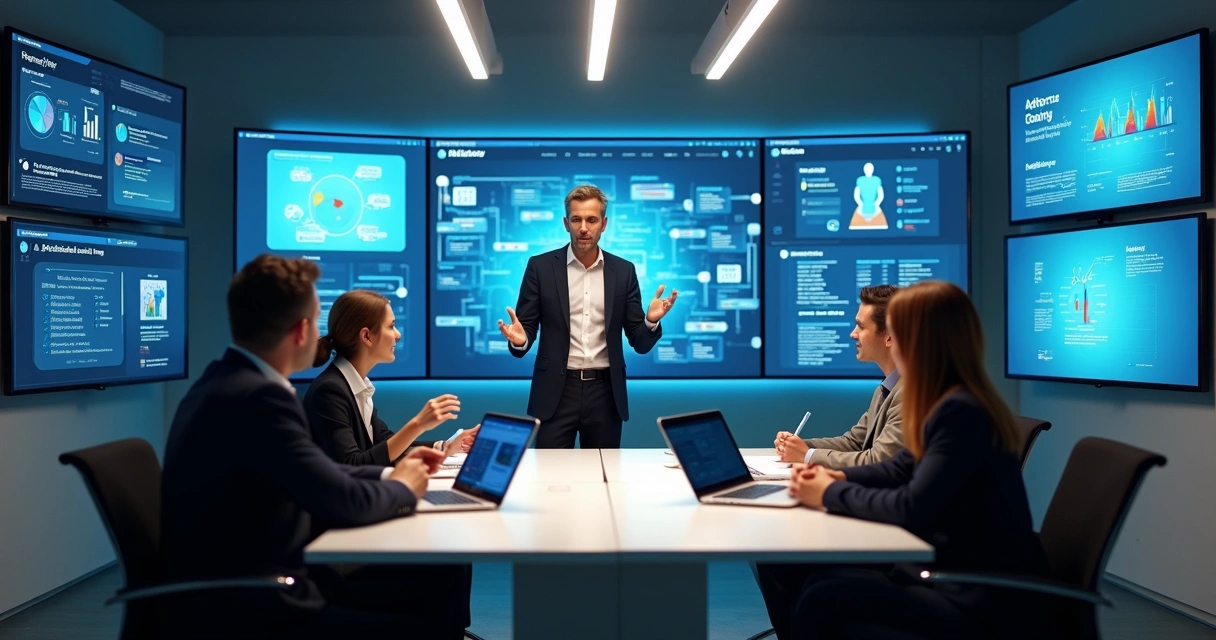 Consultor Notion orientando líderes em uma sala moderna com telas digitais 